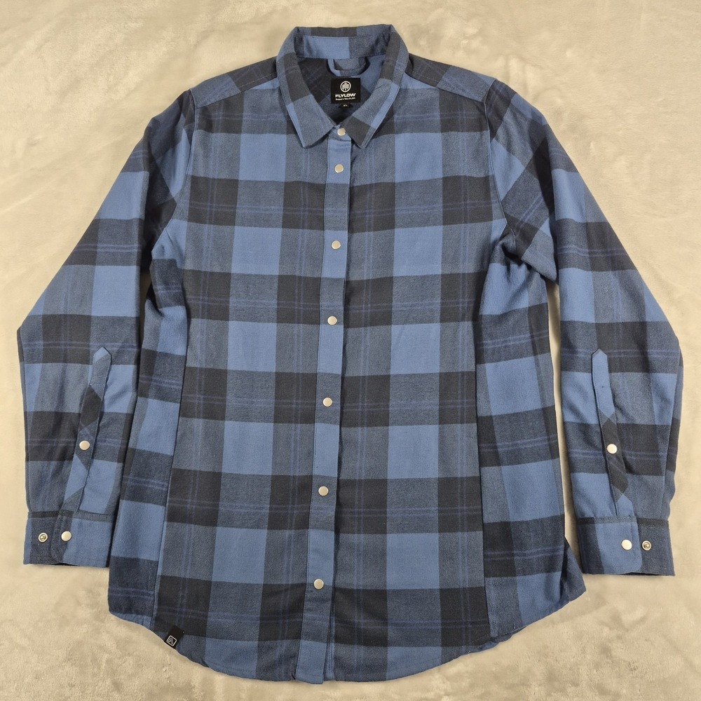 Flylow Flannel Button Up Shirt Women's XL Blue Plaid Long Sleeve Snap Tech Hike
